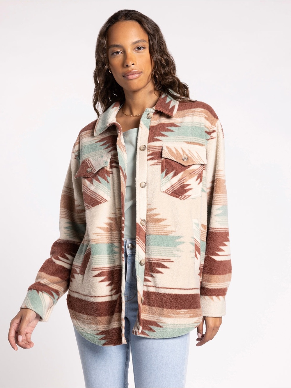 Thread & Supply Tullis Aztec Southwest Plush Fleece Shacket Jacket Brown Green M